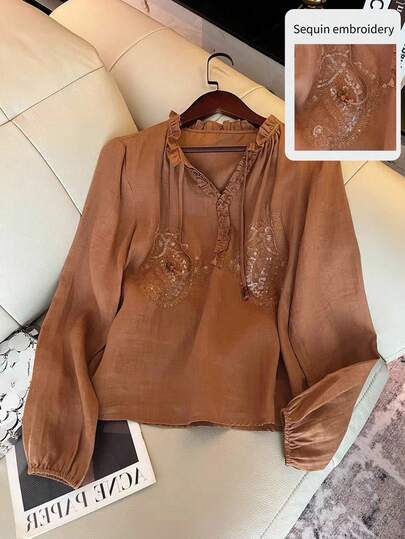 SHEIN Frenchy Women's Solid Color Stand Collar Lantern Sleeves Loose Elegant Tie Front Blouse,Sequined Embroidered Top, Retro Frill Trim Tie Neck Long-Sleeved Top For Women,Brown Blouse, French Elegant Slimming And Versatile Shirt,Spring