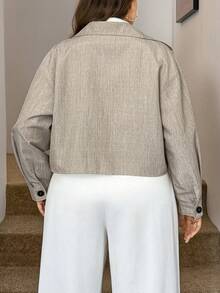 SHEIN LUNE 大码女士休闲宽松翻领单排扣外套，带口袋，情人节女士礼物，秋冬季女士节日礼物 - 卡其色 - 查看 2