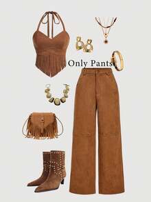 SHEIN MOD 大码棕色约会之夜纯色PU皮直筒裤，棕色系沙漠风情，70年代复古美学 - 棕色 - 查看 9