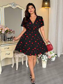 Vionelle Đầm midi dáng rộng dành cho nữ, họa tiết trái tim, cổ chữ V, tay loe, eo chun. - màu đen - Xem 6