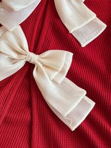 Vionelle Plus Size Women's Red And White Autumn Elegant Party 3D Organza Bow Back Knit Long Sleeve T-Shirt Jumper,Valentine's Day V Neck Pullover Casual Top - Red - View 6