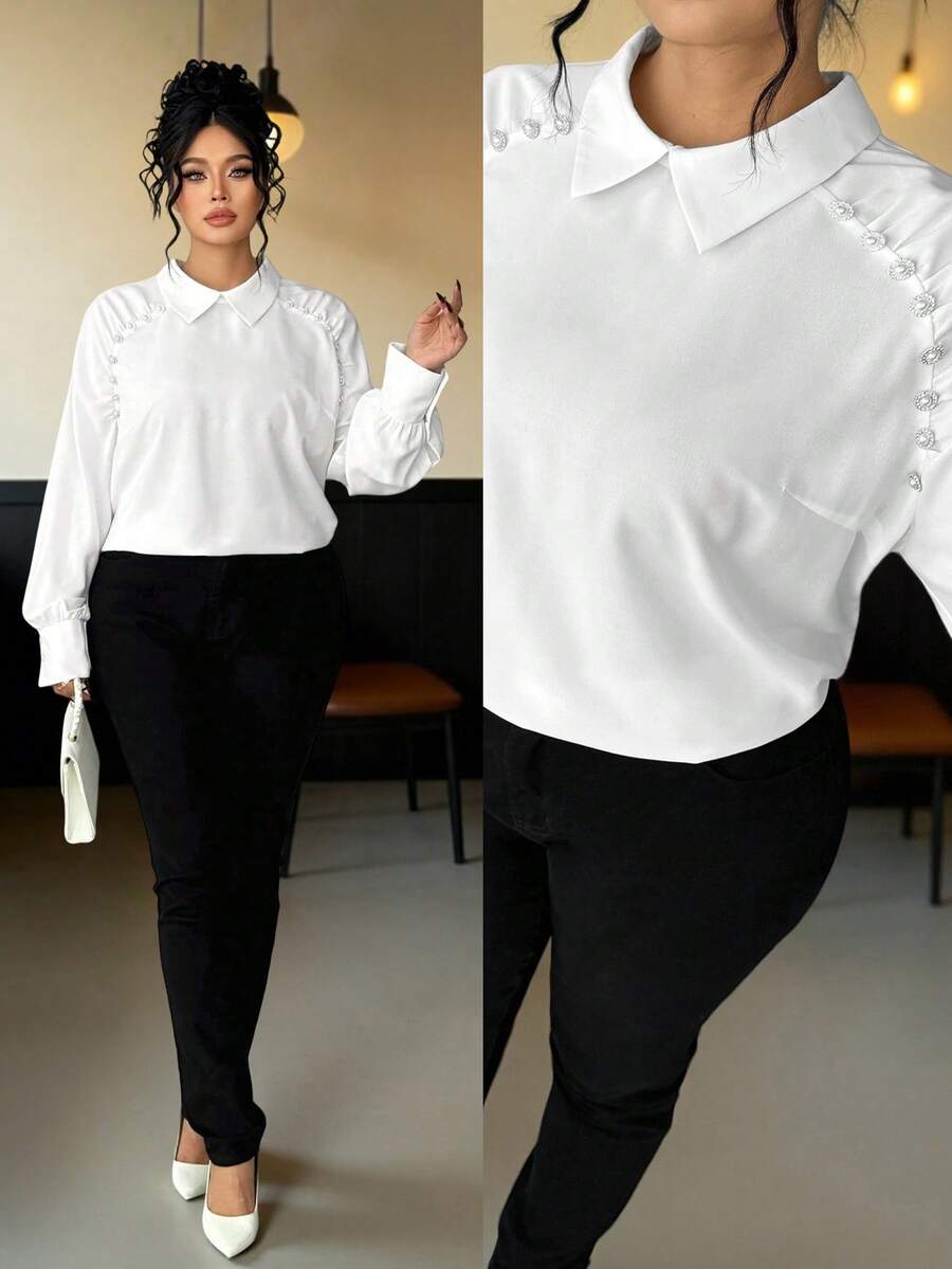 Elenzga Plus Size Asymmetrical Cut-Out Pleated Decor Button Down Long Sleeve Loose Blouse, Elegant For Outings, Commute, Dates, Gatherings - White - View 1