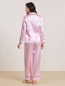 Set de 2 piezas de pijama de mujer con rayas rosas de manga larga - Rosa - Ver 2
