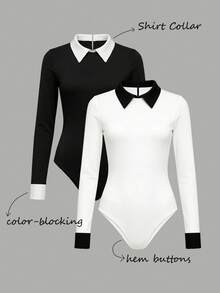 Franclia 2025新款衬衫领撞色细节长袖连体衣——经典黑白配色，修身贴合身形，展现迷人曲线，轻松百搭 - 白色 - 查看 1