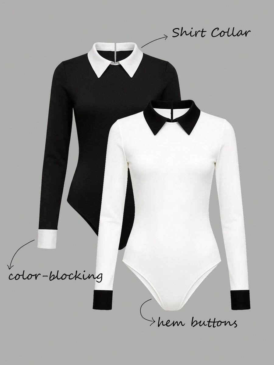 Franclia 2025新款衬衫领撞色细节长袖连体衣——经典黑白配色，修身贴合身形，展现迷人曲线，轻松百搭 - 白色 - 查看 1