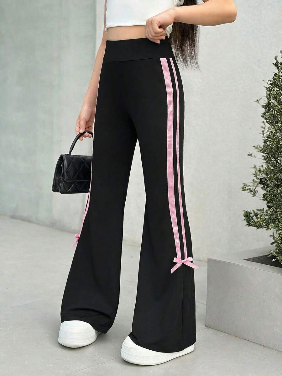 SHEIN Nova Glow Tween Girls Side Stripe Flared Casual Pants, Contrast Color Ribbon & Bow Accent, Back-To-School & Everyday Wear - Black - View 1