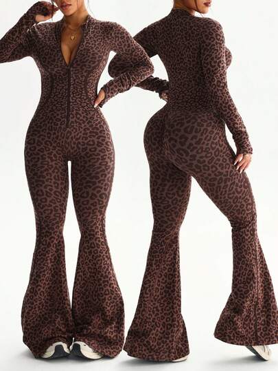 Rhythm Era 1 st Dam Plusstorlek Sömlös Dragkedja Framtill Tumhål Långärmad Mock Neck Sexig Leopardtryck Fitness Yoga Träning Dans Gymnastik Leggings Jumpsuit