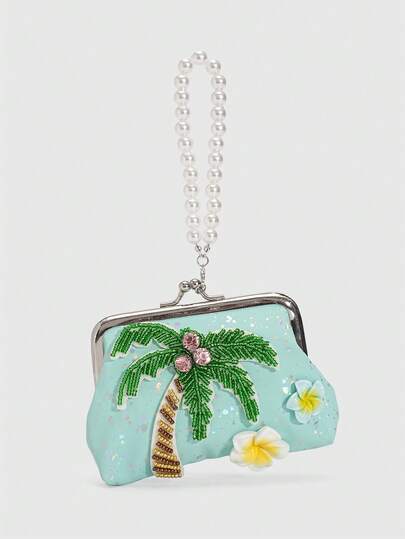 ROMWE Fairycore A Holiday Tropical Coconut Tree 4-Inch Change Bag, A Star-Decorated Pearl Chain Small Bag, And A Tropical Island Style Dopamine Color Mini Small Wallet.
