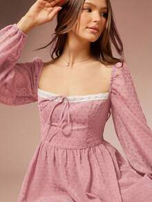 WESTFADE Đầm ngắn tay dài xếp tầng bồng bềnh bằng chiffon chấm bi, cổ vuông, thắt nơ phía trước, dáng xòe. Thích hợp cho mùa thu, đông, lễ hội, Giáng sinh, đêm giao thừa, thanh lịch, phong cách boho, thường ngày, dễ thương, trang phục phương Tây. - Hồng - Xem 4