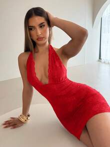 Aloruh 女士蕾丝吊带纯色无袖修身性感迷你连衣裙 - 紅色 - 查看 7