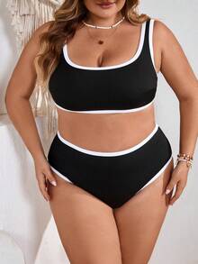 SHEIN CURVE+ Plus Size Women Black & White Trim Beach Holiday Bikini Set - Black and White - View 1