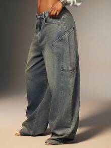 Denimoi 宽腿超大后袋宽松牛仔裤 - 中等水洗藍 - 查看 2