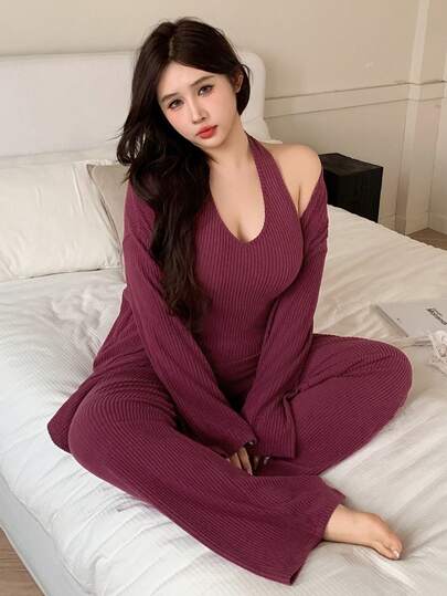 Dazy Plus 3 PiecesSolid Color Casual Sleepwear Set, Includes Spaghetti Strap Camisole, Loose Cardigan, And Long Pants, Spring/Autumn