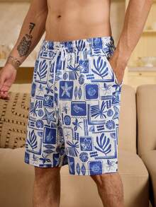 Velminro Men's Summer Vacation Drawstring Waist All-Over Print Loungewear Bottoms - Blue and White - View 3
