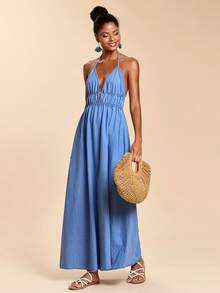 Travachic Women's Light Blue Denim Halter Neck Long Dress, Sexy Backless Summer Vacation Dress, Elegant Skirt - Light Wash - View 5