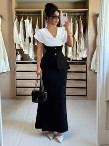 Siren Gaze 女士优雅通勤摆领纽扣装饰连衣裙，夏季 - 黑與白 - 查看 6