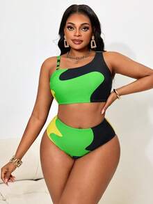 Slaydiva Plus Size Women 2pcs Printed One Shoulder Triangle Bikini Swimwear Set - Multicolor - View 6