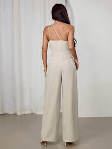 SHEIN PETITE Bộ đồ xuân/hè mới, trang phục nghỉ dưỡng thanh lịch, áo sơ mi vải lanh màu mơ dáng bất đối xứng, eo nhún, hở lưng và quần dài cạp cao, bộ 2 món, trang phục tốt nghiệp, trang phục giáo viên cho nữ, trang phục tựu trường - trắng - Xem 2