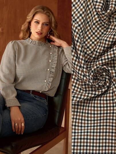 Roveilla Plus Size Vintage Plaid Casual Versatile Ruffle Trim Pearl Button Decor Long Sleeve Women Blouse, Spring/Summer Checkered Top Fall Tops Women Gingham Top Tops Fall Tops Plaid Tops