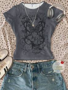 SHEIN 炭灰色，少女休闲复古嬉皮学院风朋克哥特风印花短袖修身圆领T恤，适合春夏日常穿着、外出、街头摄影 - 彩色 - 查看 7