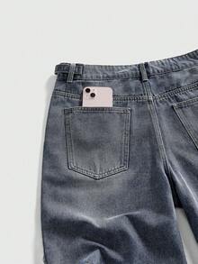 ROMWE MEN Men's Summer Casual Fashion Street Letter & Flame Print Rhinestone Frayed Hem Denim Shorts - Blue - View 6