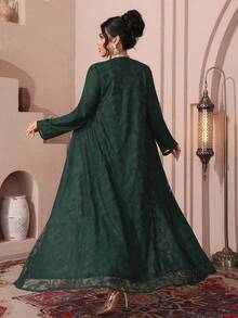 Al Najma Elegant & Fashionable Women's Hollow Lace Embroidered Arabic Abaya - Dark Green - View 2