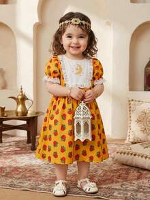 SHEIN Middle Eastern Style Puff Sleeve A-Line Burgundy Rose Star & Moon Print Lace Trim Dress - Yellow - View 9