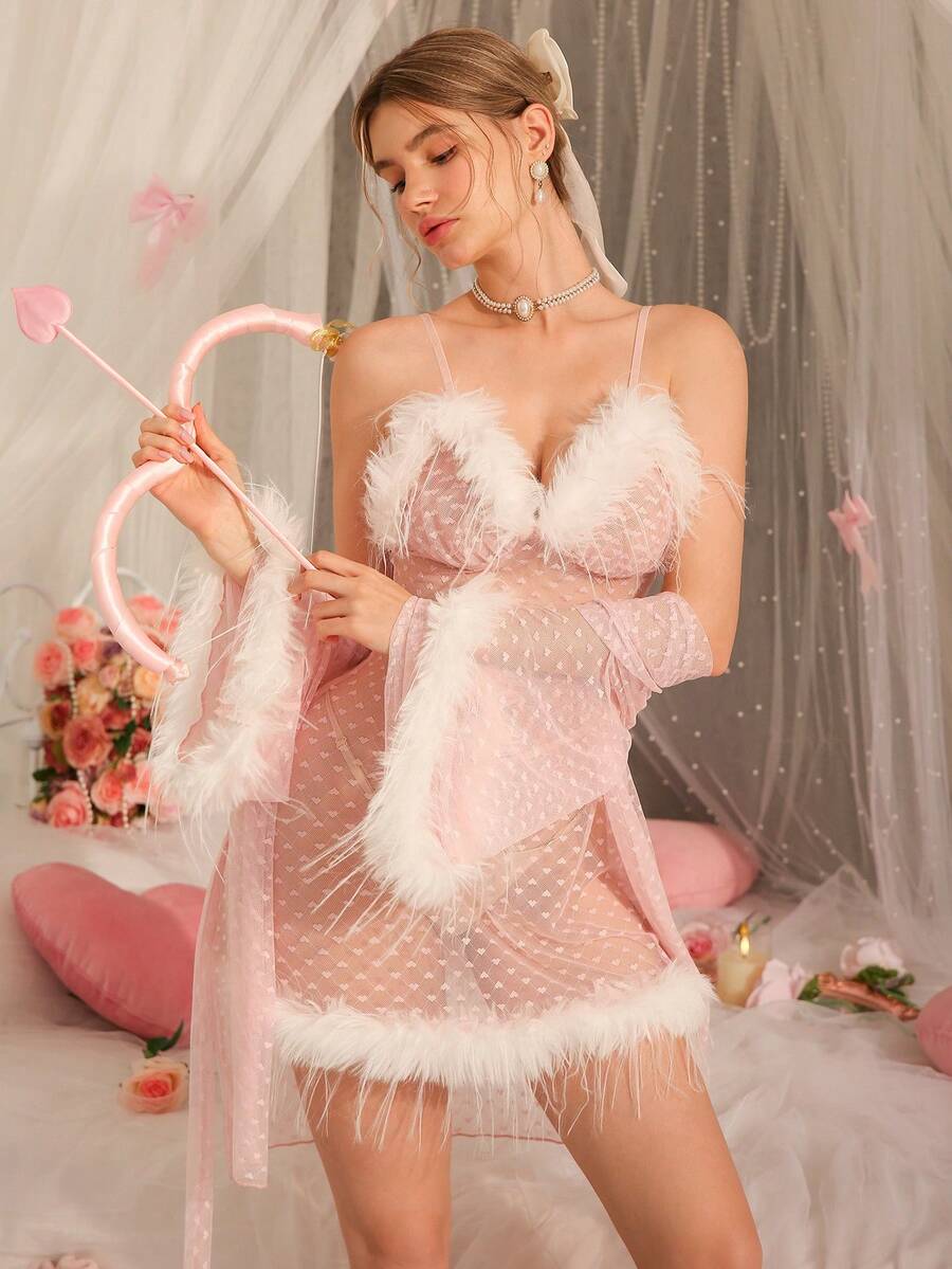 DelicateAllure Women's Baby Pink Sexy Robe Set Mesh Fabric All Over Print Semi-Sheer Long Bell Sleeve Spaghetti Strap Pajama - Baby Pink - View 1
