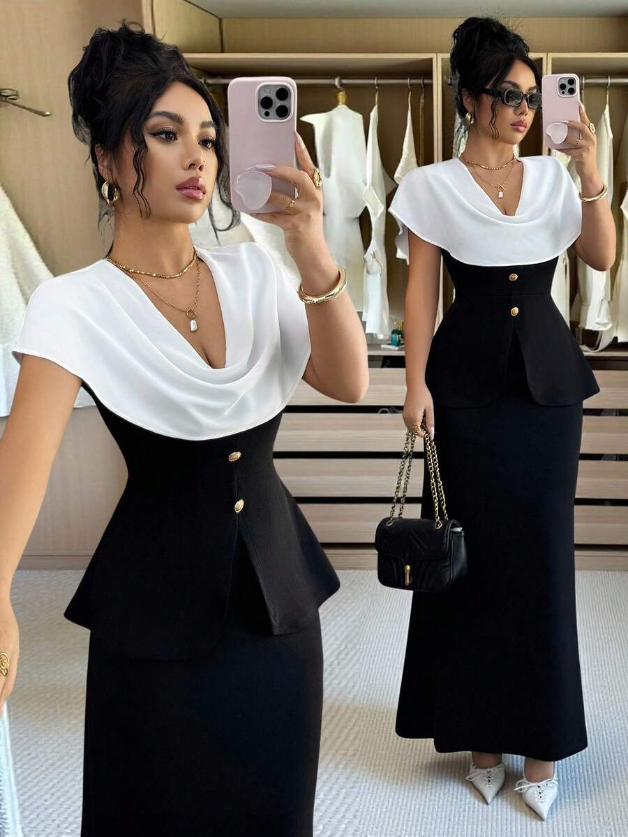 Siren Gaze 女士优雅通勤摆领纽扣装饰连衣裙，夏季 - 黑與白 - 查看 1