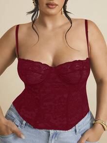 SHEIN BAE 性感蕾丝透视吊带背心，适合派对、约会、休闲、通勤，可爱抹胸，性感夜店上衣，束身胸衣，外出上衣，夏季必备 - 酒紅色 - 查看 3