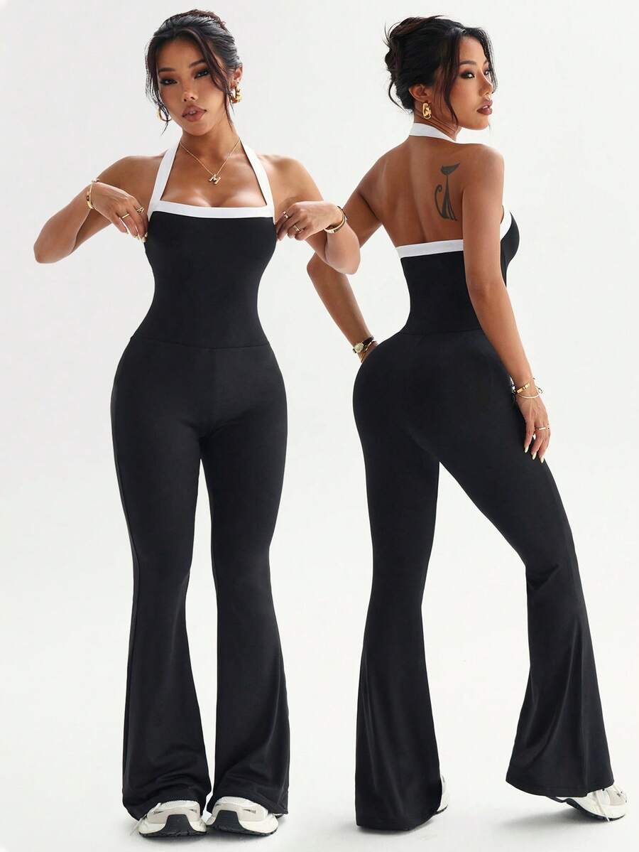 Dewbera Women's Yoga Outdoor Fitness Jumpsuit, Spaghetti Strap Contrast Color Backless Tank Top & Tight Flare Pants - Black - View 1