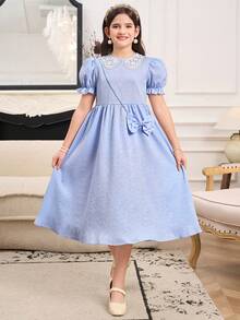 SHEIN Kids Elegant Lace Trim Peter Pan Collar Dress, Girls Puff Sleeve Jacquard Blue Dress For Birthday Party & Daily Wear - Blue - View 5