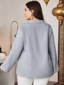 Modelyn Women's Plus Size Grey Blouse,Elegant Light Blue,Autumn Office Casual Long Sleeve Shirt With Collar Neckline,Linen-Like Knot Flower Decor Tops - Grey - View 2