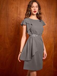 Uhlyne Ladies' New Elegant Chiffon Mini Dress For Commuting, Socializing, Vacationing, And Romance In Spring, Summer, And Autumn. Elegant, Casual, Simple, Light Luxury, Fashionable, Perfect For Dates, Valentine's Day Celebrations, And Parties. Features Include Rhinestone Ribbons, Pleated Short Sleeves, And Chiffon Details. Suitable For Spring, Summer, Valentine's Day, Carnivals, Beach, Parties, Birthdays, Commuting, And Casual Wear. - Dusty Purple - View 1