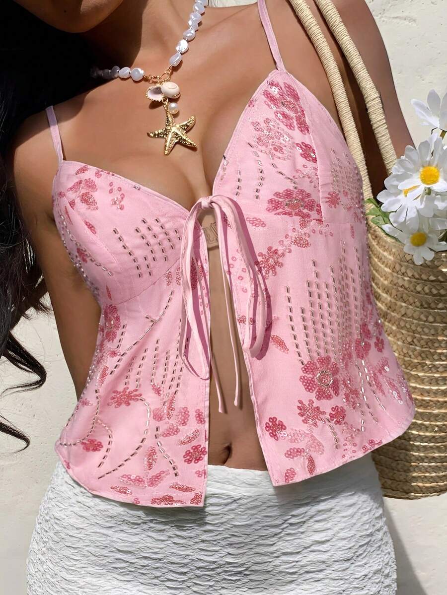 Serisse Women's Summer New Sequin Embroidered Camisole - Pink - View 1