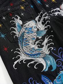 ROMWE J-Fashion 男女皆宜的复古嘻哈亚文化鲤鱼花卉刺绣宽松阔腿牛仔裤 - 黑色 - 查看 4