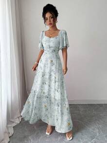 Modelyn 女士雪纺蝴蝶印花蝙蝠袖百褶甜美法式夏装