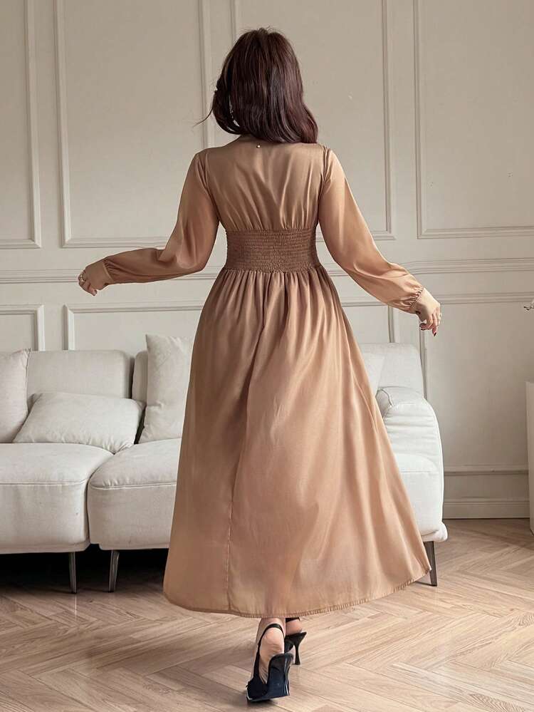 Women's Elegant Contrast Color Tie Ruched V-Neck Puff Sleeve Dress, Spring/Summer Wedding Guest Dress Maxi Dress Sundress