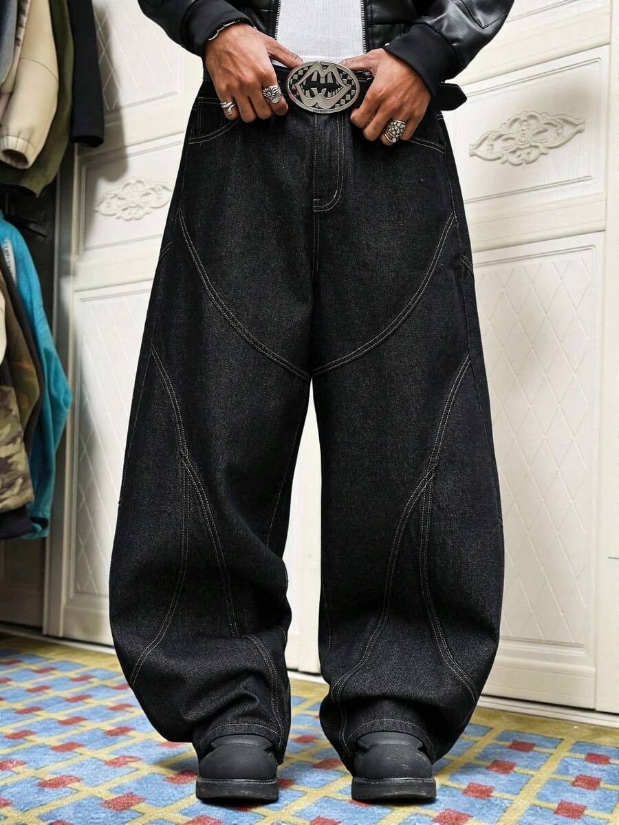 Manfinity EMRG Street Life Men's Casual Spliced Distressed Patchwork Baggy Raw Denim Jeans - Black - View 1