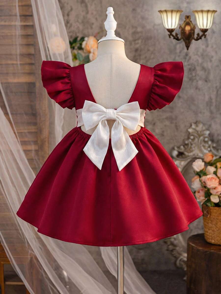 Young Girl Woven Solid Color Jacquard Bowknot Ruffle Hem Snug Fit Dress - Red - View 1