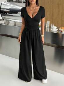 SHEIN EZwear 女士黑色针织V领休闲短袖连体裤 - 黑色 - 查看 4