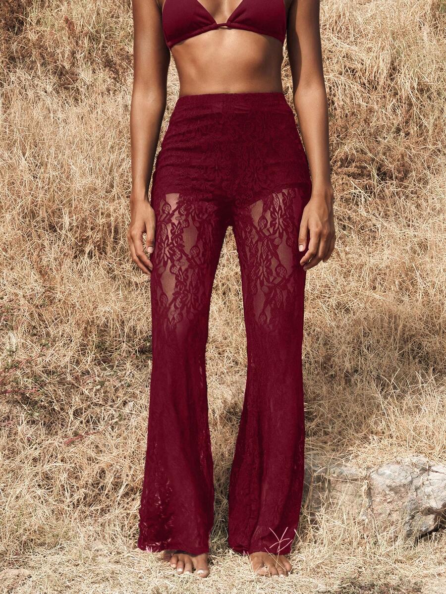 Opulessa Vacation Knit Lace High Waist Flare Pants For Women - Burgundy - View 1