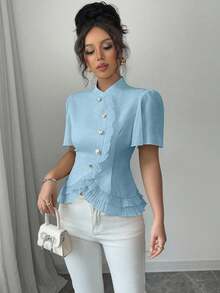 Elenzga Áo kiểu nữ màu trơn cổ đứng tay raglan ngắn tay bèo nhún. - Màu xanh lam - Xem 5