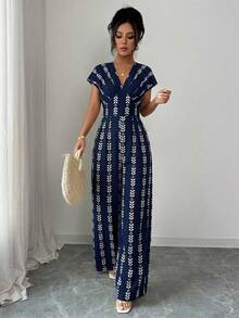 Elenzga 女士藏蓝色印花高端设计V领收腰连体裤，带肩袖，优雅精致，适合情人节、复活节、派对、正式场合、会议、旅行、休闲街头风、春夏穿着。 - 藏蓝色 - 查看 3