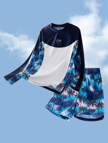 SHEIN Boys' Printed 2 Pieces Casual Vacation Pattern Long Sleeve Swimsuit And Swim Trunks