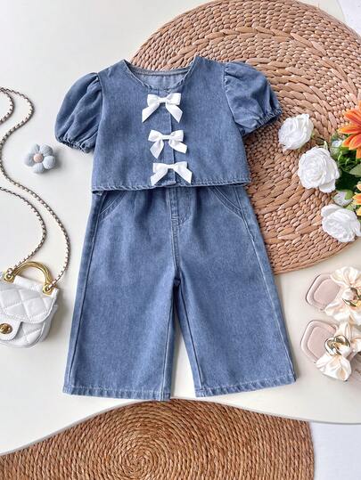 LMoss Kids 2件套女婴白色蝴蝶结装饰牛仔宽松上衣和裤子套装