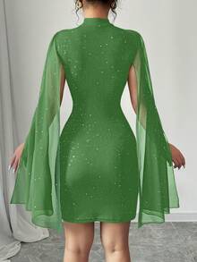 SHEIN Elenzya Đầm ngắn tay cánh dơi đính sequin thời trang thanh lịch dành cho nữ - Màu xanh Bạc hà - Xem 2