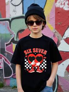 青少年男孩时尚休闲舒适创意爱心和“六七”图案印花圆领短袖T恤，适合夏季和情人节穿着。 - 黑色 - 查看 4