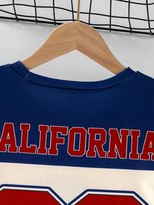 Boys' Casual Retro Sports Style Letter & California 23 Graphic Colorblock Striped Round Neck Short Sleeve T-Shirt, Classic Fashion Print Top For Spring/Summer Outings