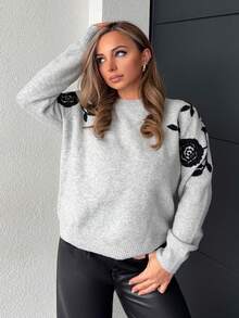 Jeta Ari 秋冬女士时尚休闲圆领长袖毛衣 - 灰色 - 查看 5